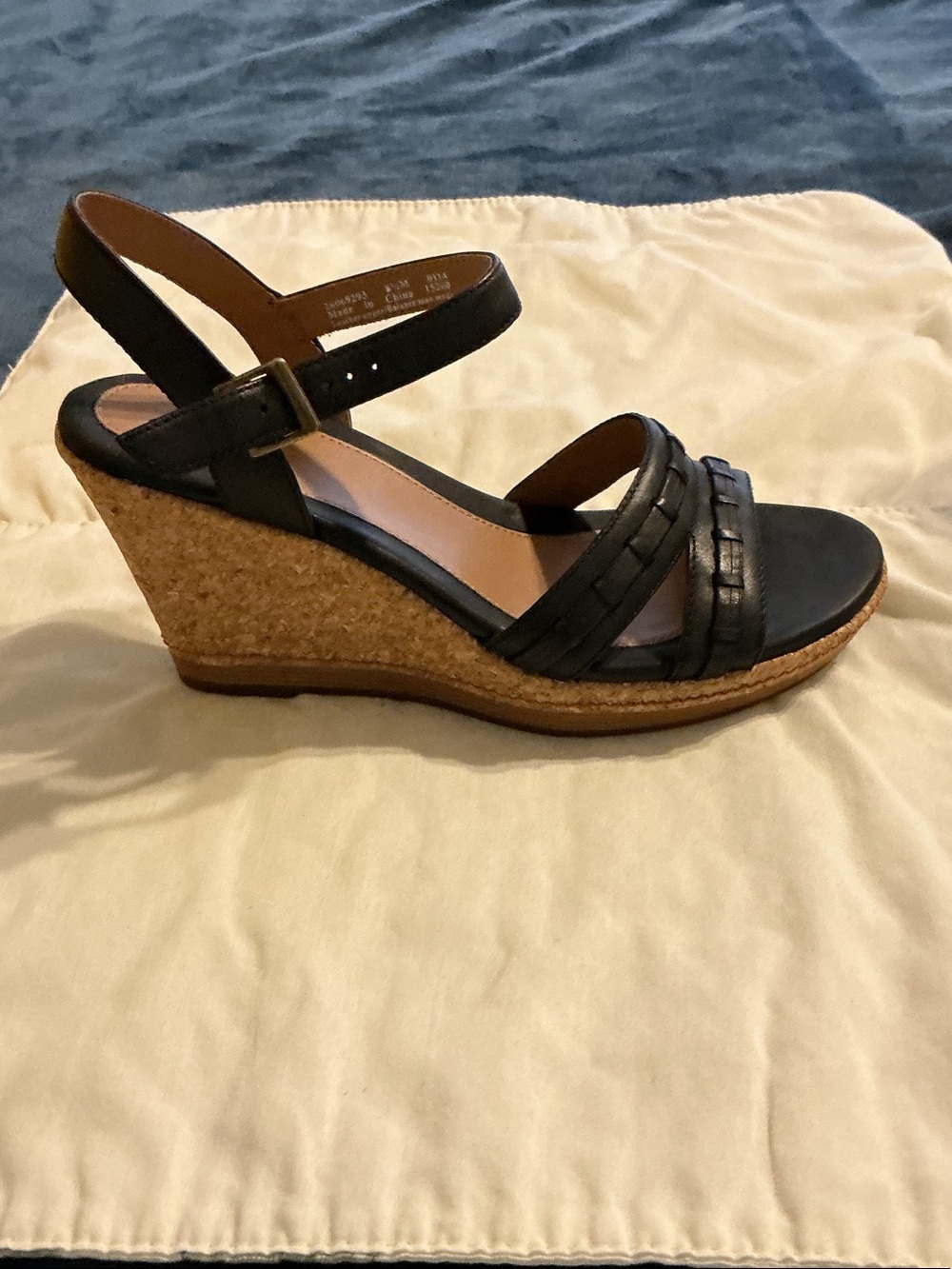 Clarks Black Leather Wedge Sandal with Cork Heel